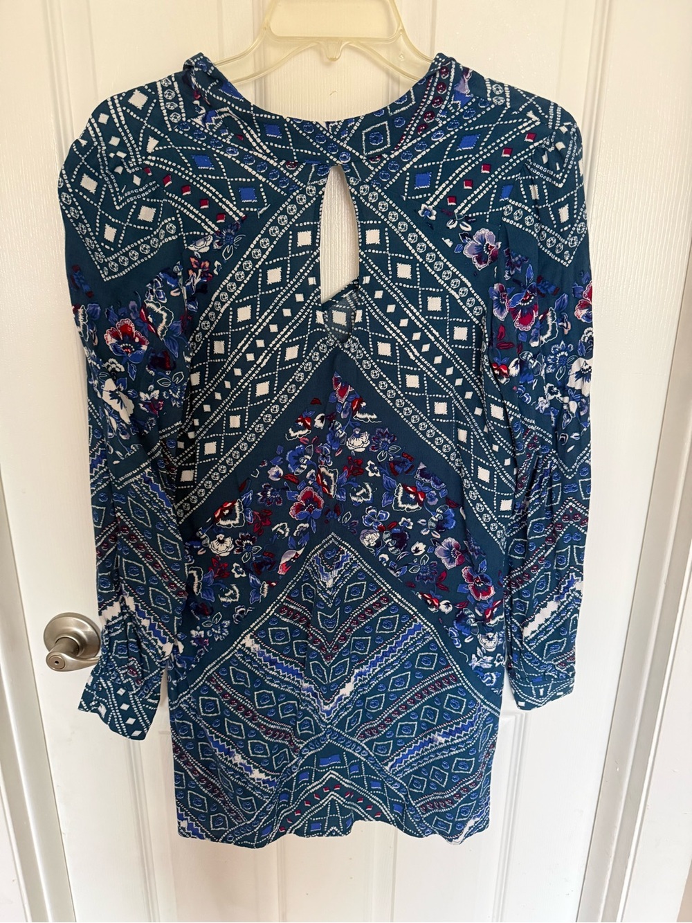 Express Blue Patterned Long Sleeve Dress with Keyhole Back
